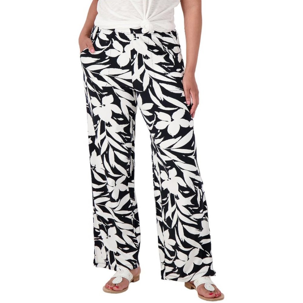 Denim&Co Black & White Tropical-Print Wide Leg Pants